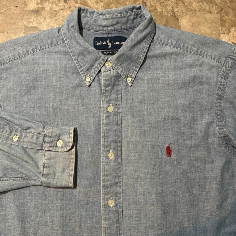 Polo Ralph Lauren Shirt Mens Large Classic Blue Chambray Long Sleeve Button FAIR